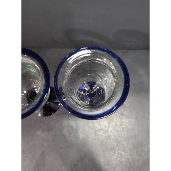Hand Blown Glass Wine Goblets, Cobalt Blue Rim & Base, Bubbles Design, Drinkware - Picture 5 of 9